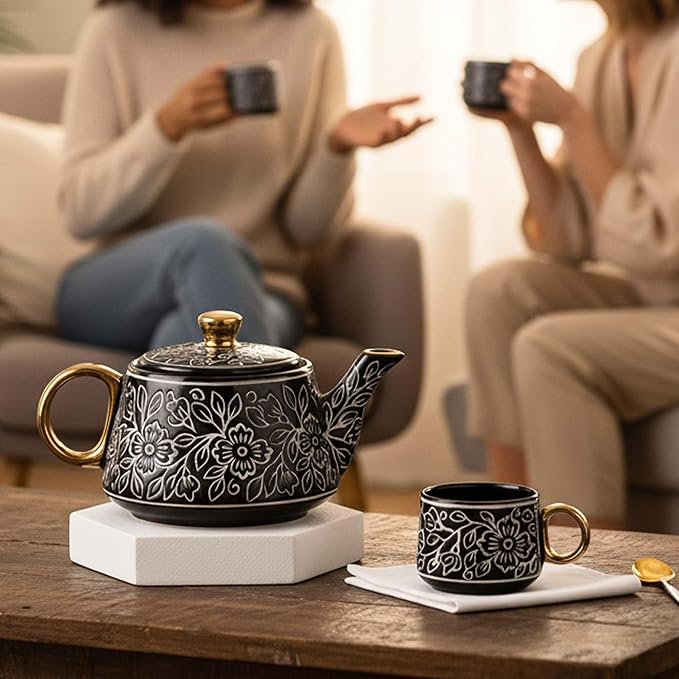 Black Artvine Ceramic Tea Set with Kettle & 6 Cups