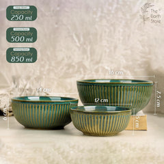 Glam Green Ceramic Bowl Set of 3 Combo Serving Bowl for Snacks, and More