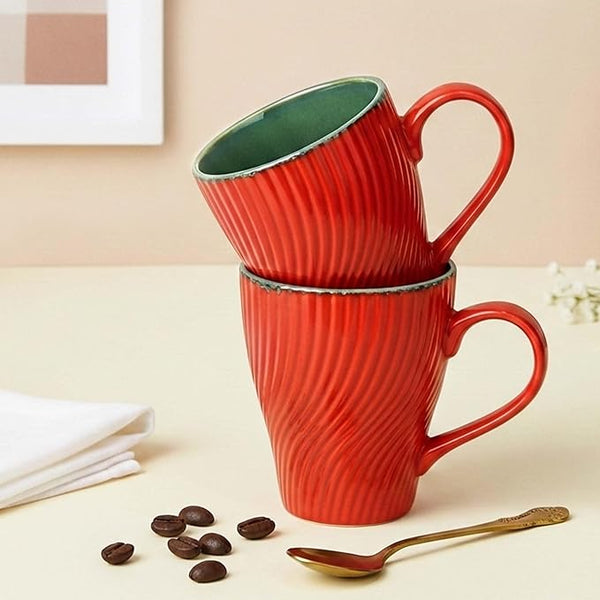 Red Fusion Wave Ceramic Mugs Set of 6