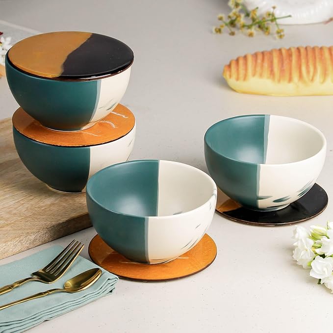 Teal Italian Ceramic Bowl with Lid Set of 4
