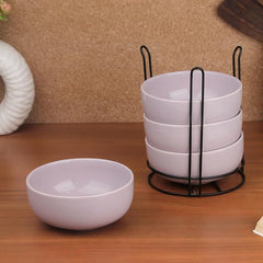 Solid Lavender Ceramic Bowl Set of 4 with Metal Stand