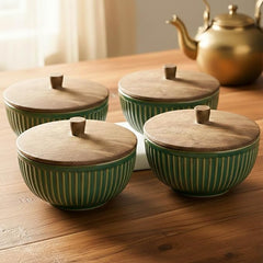 Glam Green Ceramic Bowl Set with Wooden Lids (4 Pcs)