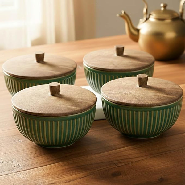 Glam Green Ceramic Bowl Set with Wooden Lids (4 Pcs)