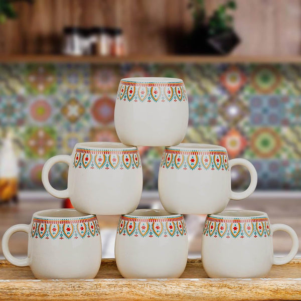 Frill Cream Ovule Ceramic Tea Cup Set of 6, 150ML
