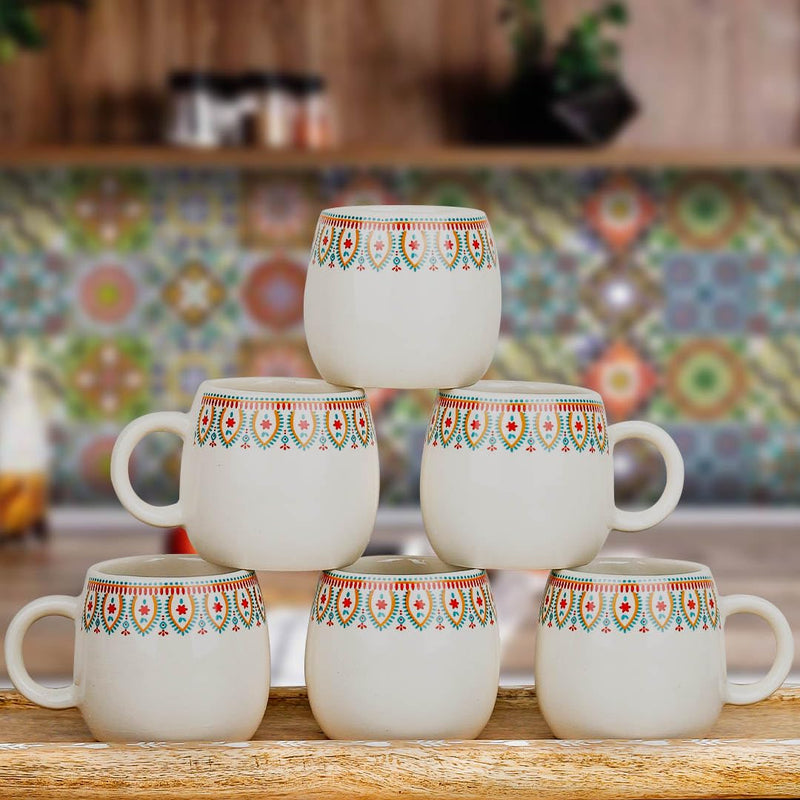 Frill Cream Ovule Ceramic Tea Cup Set of 6, 150ML