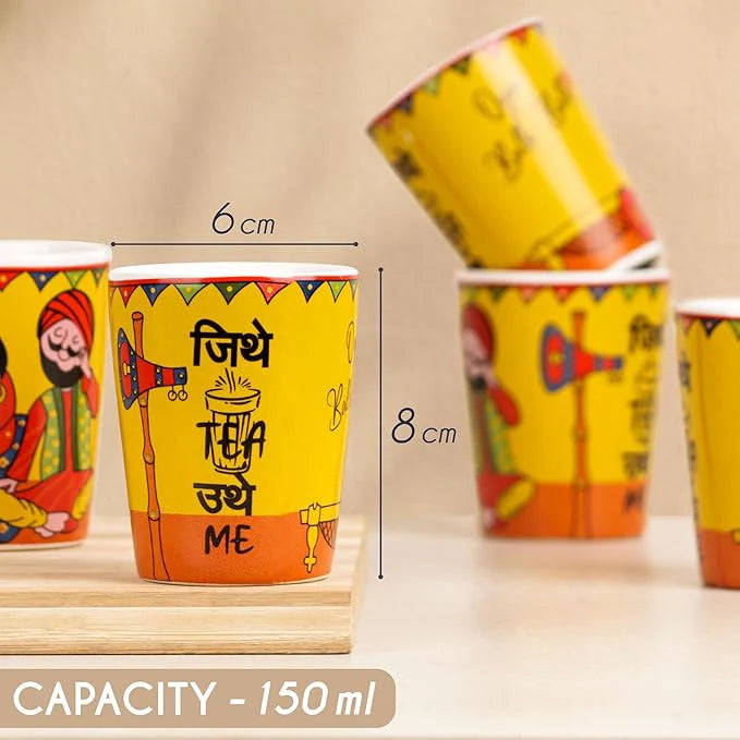 Traditional Punjabi Ceramic Tea Set – “Jitthe Tea Utthe Me” Kettle with 6 Tea Glasses