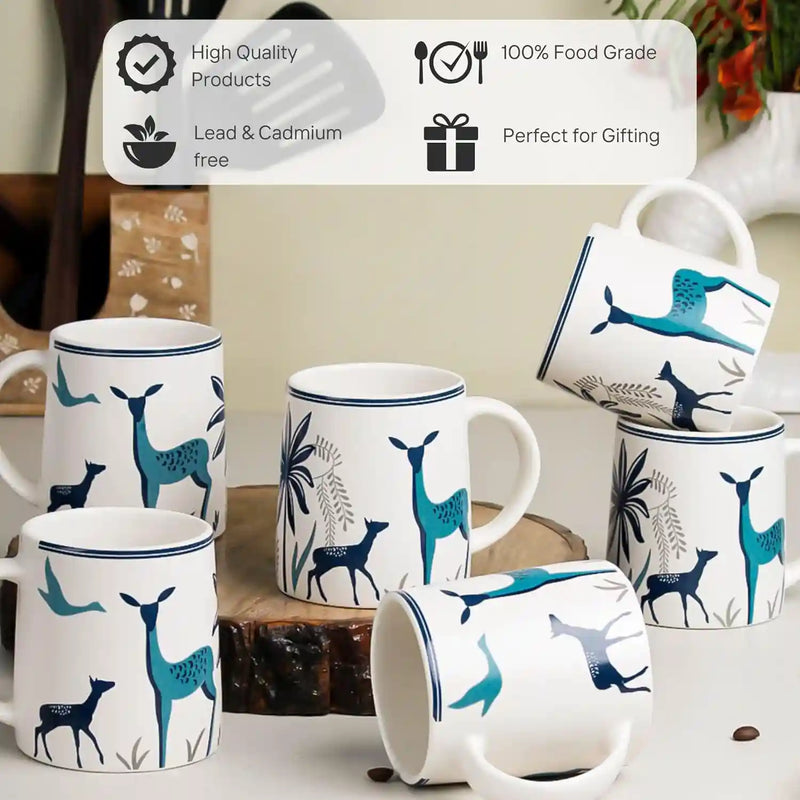 Stag Blue Hand-Crafted Ceramic Coffee Mugs Set of 6