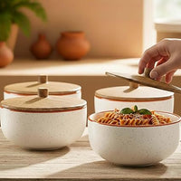 White Marble Ceramic Bowl Set with Wooden Lids (4 Pcs)