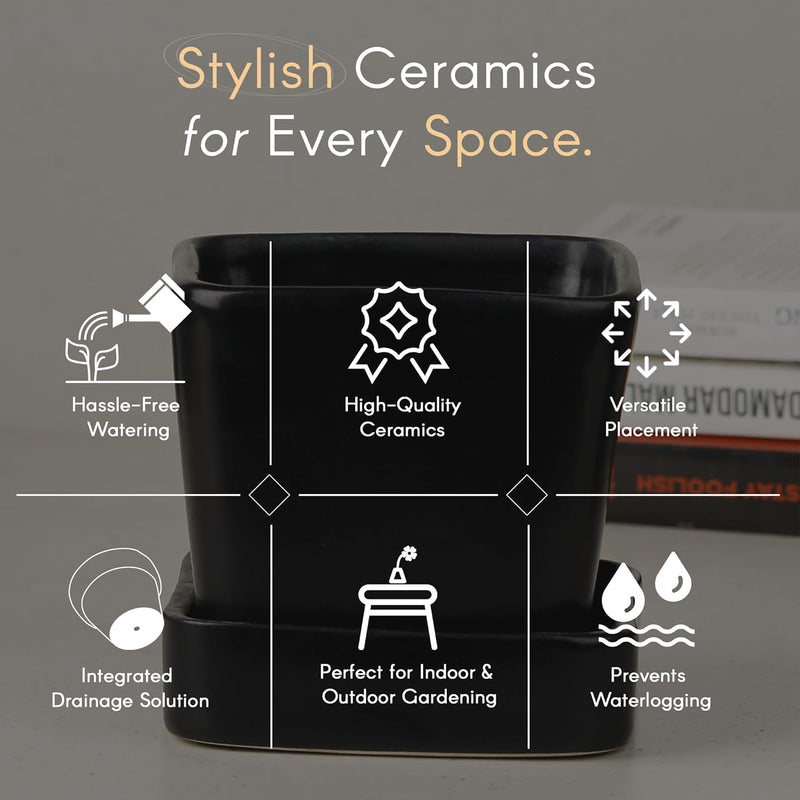 Black Square Ceramic Clay Pots Pot with Tray - The Earth Store - Planter