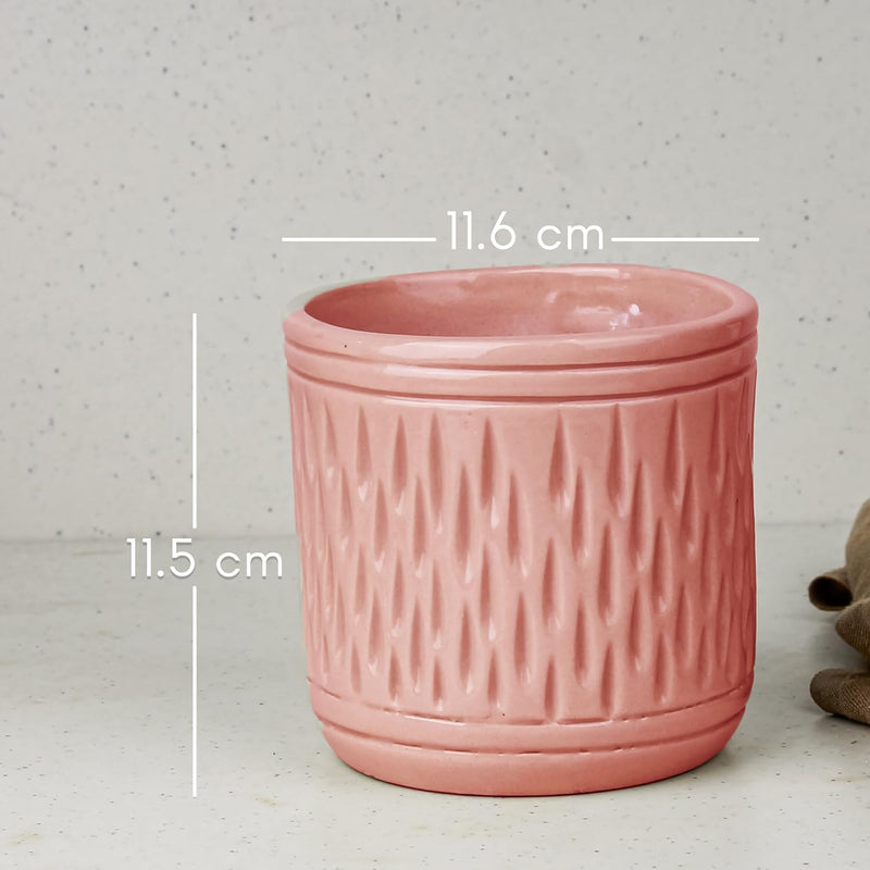 Pink Carved Cylindrical Ceramic Planter - The Earth Store - Planter