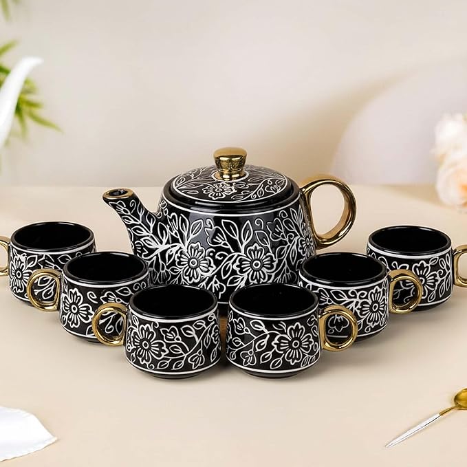 Black Artvine Ceramic Tea Set with Kettle & 6 Cups