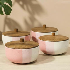 Tritone Pink Matte Ceramic Bowl Set with Wooden Lids (4 Pcs)