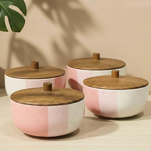 Tritone Pink Matte Ceramic Bowl Set with Wooden Lids (4 Pcs)