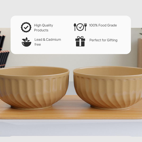 Caramel Grooved Ceramic Bowl Set of 2 - The Earth Store - Bowls