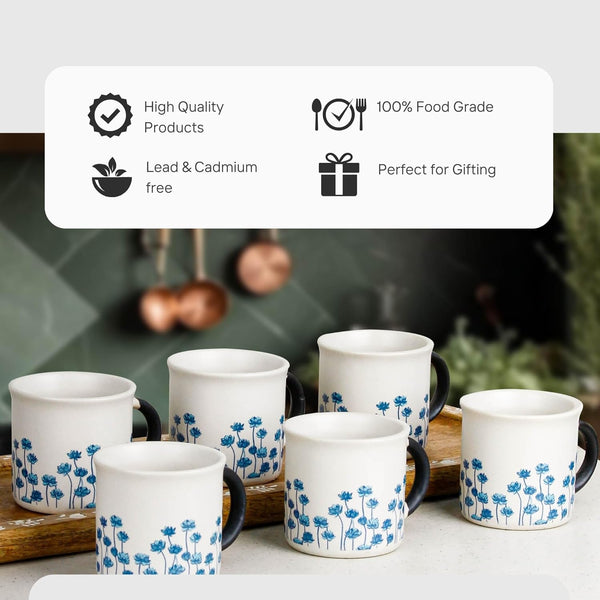 Blue Flower Tea Cup Set of 6, 150 ML - The Earth Store - Tea Cups