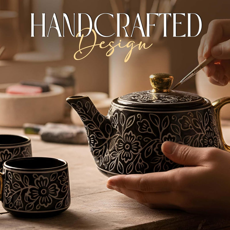 Black Artvine Ceramic Tea Set with Kettle & 6 Cups