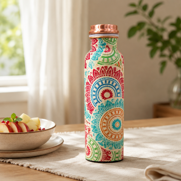Ajrakh Bloom Copper Water Bottle | Folk Art Block Print | 900ml