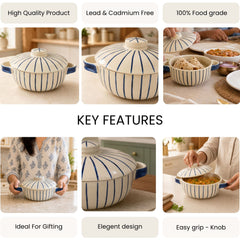 Blue Stripe Ceramic Casserole with Lid, 900ml
