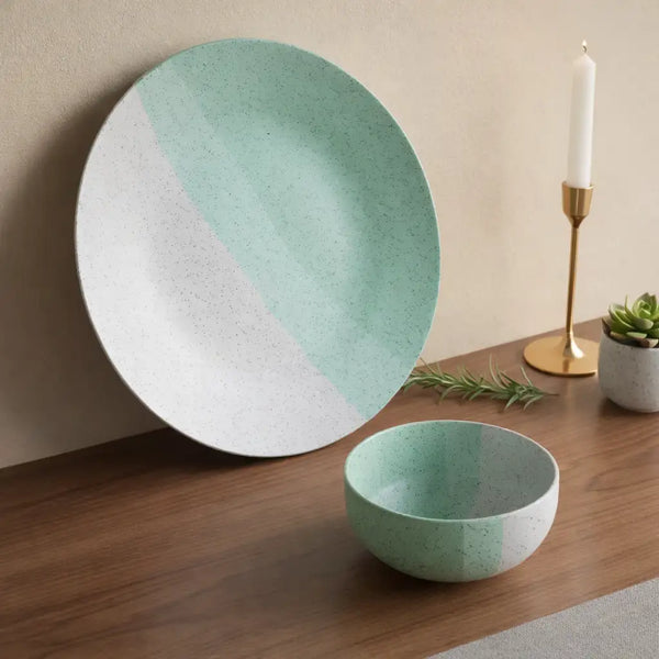 Tritone Green Matte Ceramic Dinner Plate with Serving Bowl