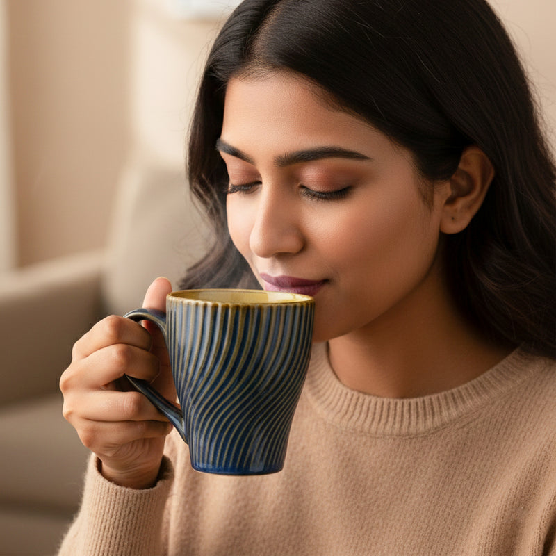 Blue Fusion Wave Ceramic Mugs Set of 4 (300ML) – Microwave Safe
