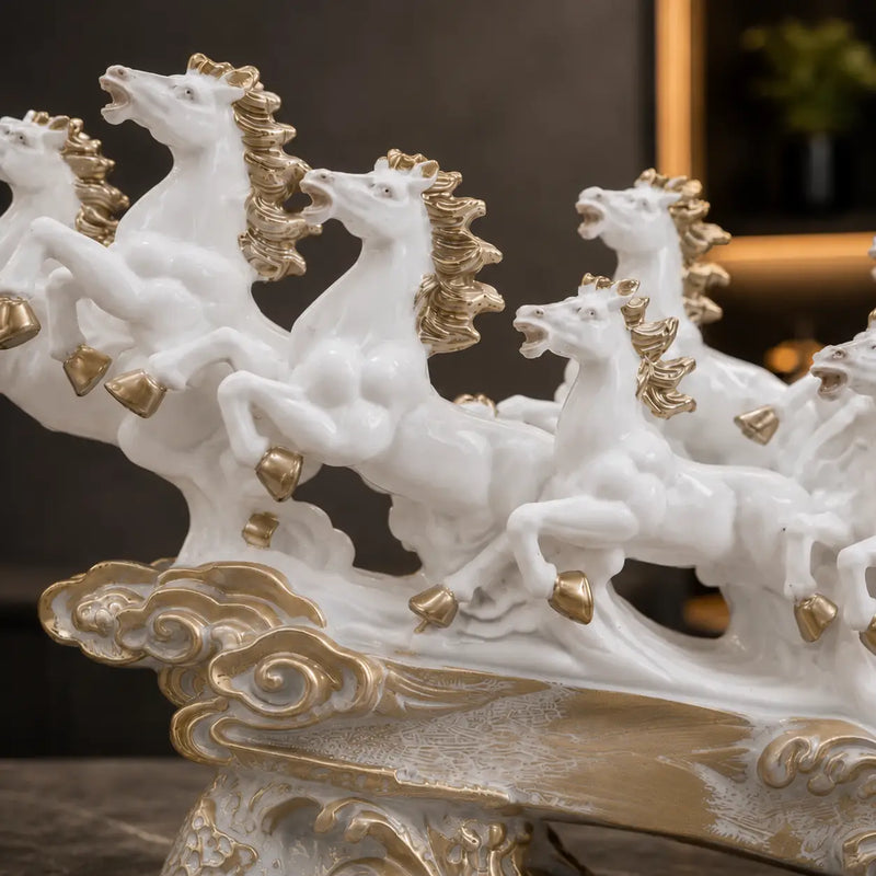 Majestic White & Gold Galloping 7 Horse Sculpture