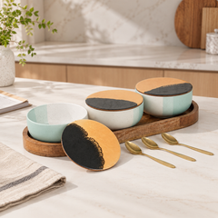 TT Green Matte Ceramic Bowl Serving Set 3 Bowls, 1 Tray, 3 Spoon and 3 Coaster