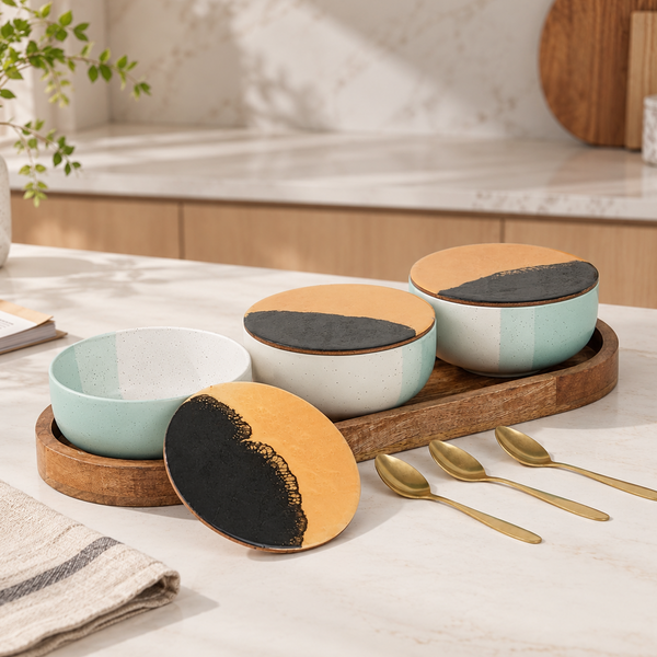 TT Green Matte Ceramic Bowl Serving Set 3 Bowls, 1 Tray, 3 Spoon and 3 Coaster