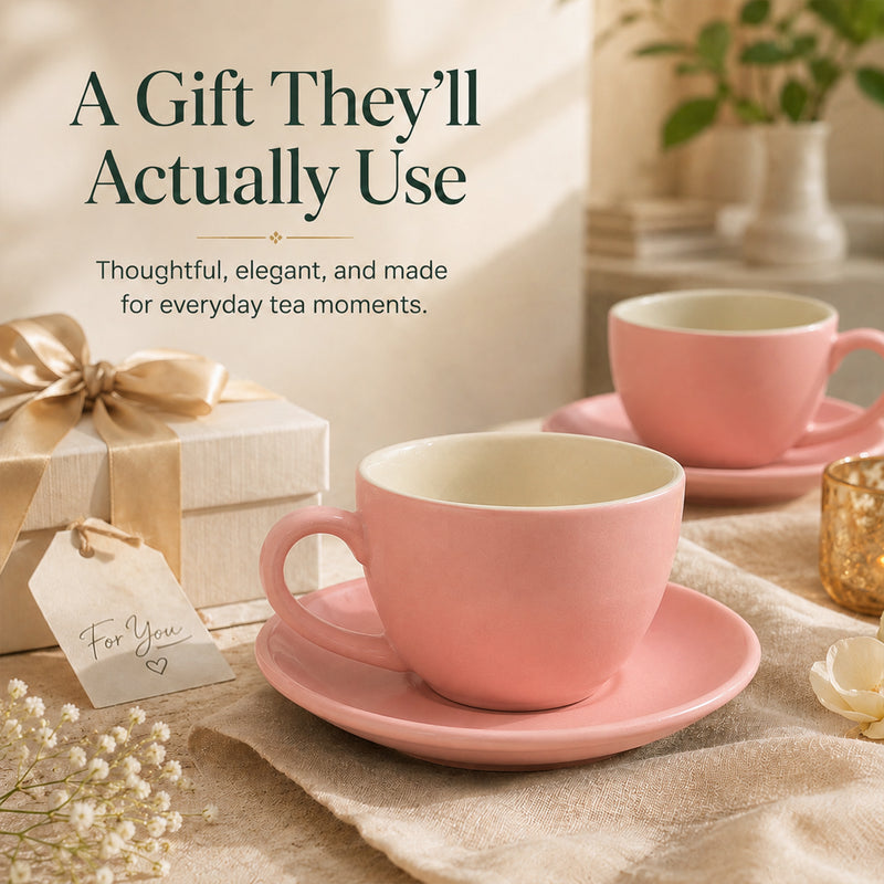 Solid Peach Ceramic Cappuccino Cup & Saucer Set of 4