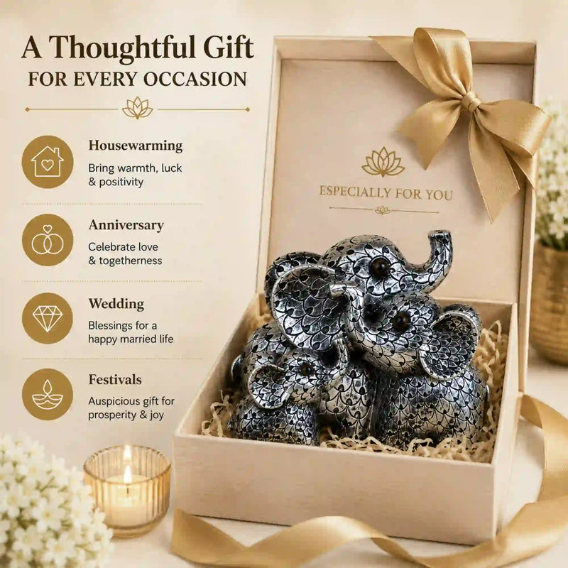 Elegant Antique Silver Elephant Family Sculpture