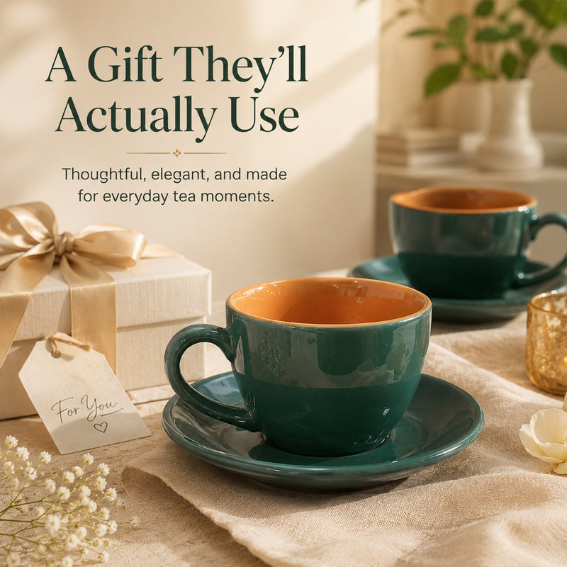 Teal Novelle Ceramic Cappuccino Cup & Saucer Set of 4