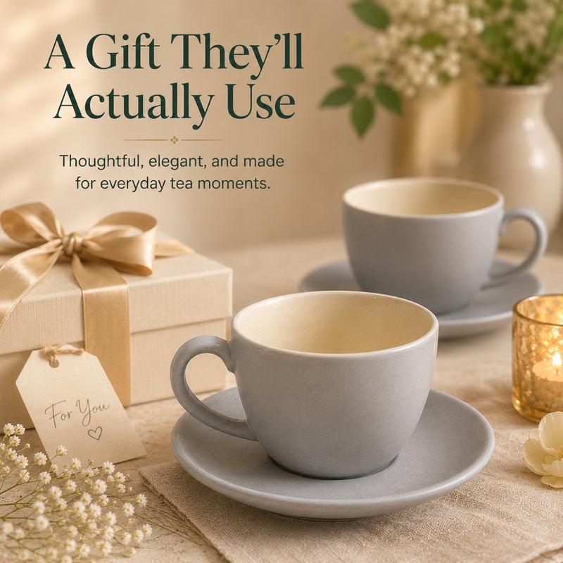 Solid Grey Ceramic Cappuccino Cup & Saucer Set of 4