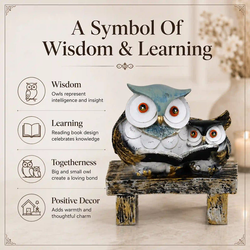 Wisdom & Learning Owl Pair Sculpture on Rustic Bench