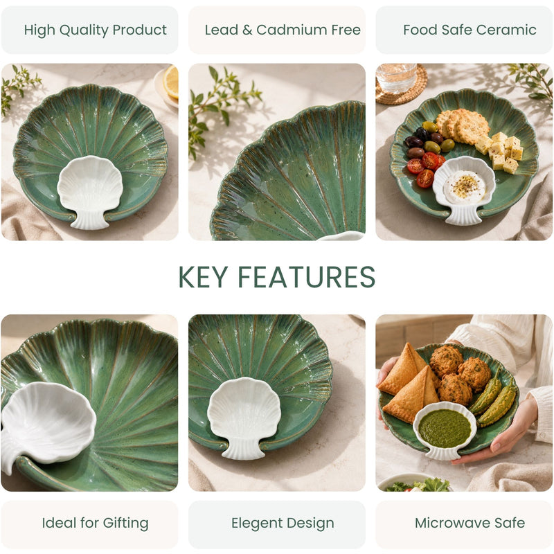 Green Sea Shell Ceramic Platter – Microwave & Dishwasher Safe Serving Platter Ceramic