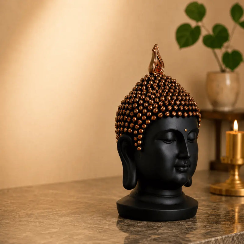 Serenity Buddha Head Sculpture – Matte Black & Copper