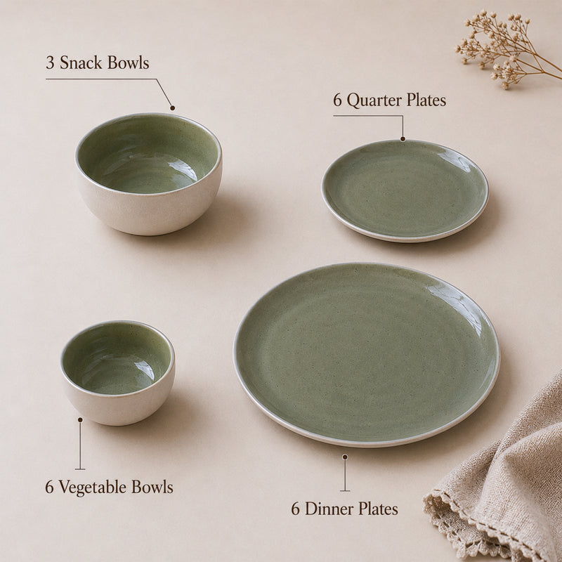 Organic Green Ceramic Dinner Set - 21 Pieces with Serving Bowls