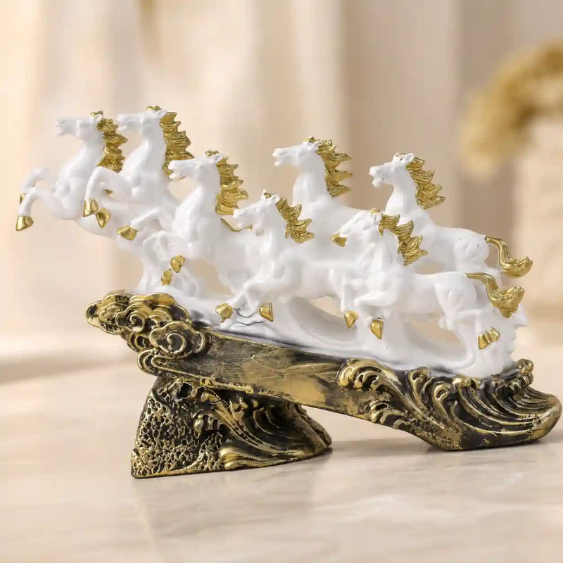 Majestic White & Gold Galloping 7 Horse Sculpture