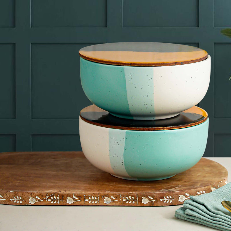 Green Matte Ceramic Bowl Set of 2 – 500ML with Lid