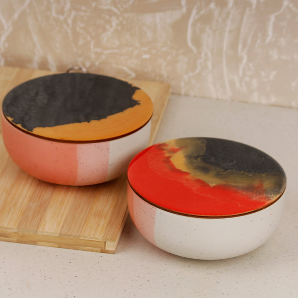 Tritone Pink Matte Ceramic Bowl Set of 2 – 500ML with Lid