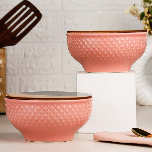 Pink Star Ceramic Bowl Set of 2 – 580ML with Lid