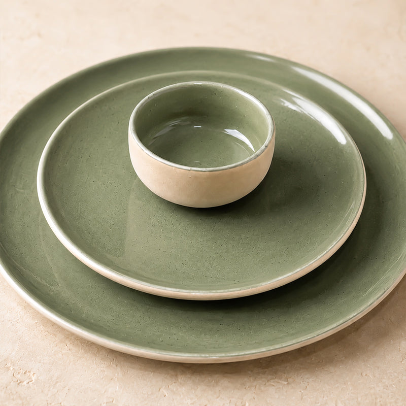 Organic Green Ceramic Dinner Set - 24 Piece Plates & Bowls Set
