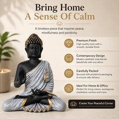 Meditating Buddha Statue in Premium Black & Silver with Gold Accents