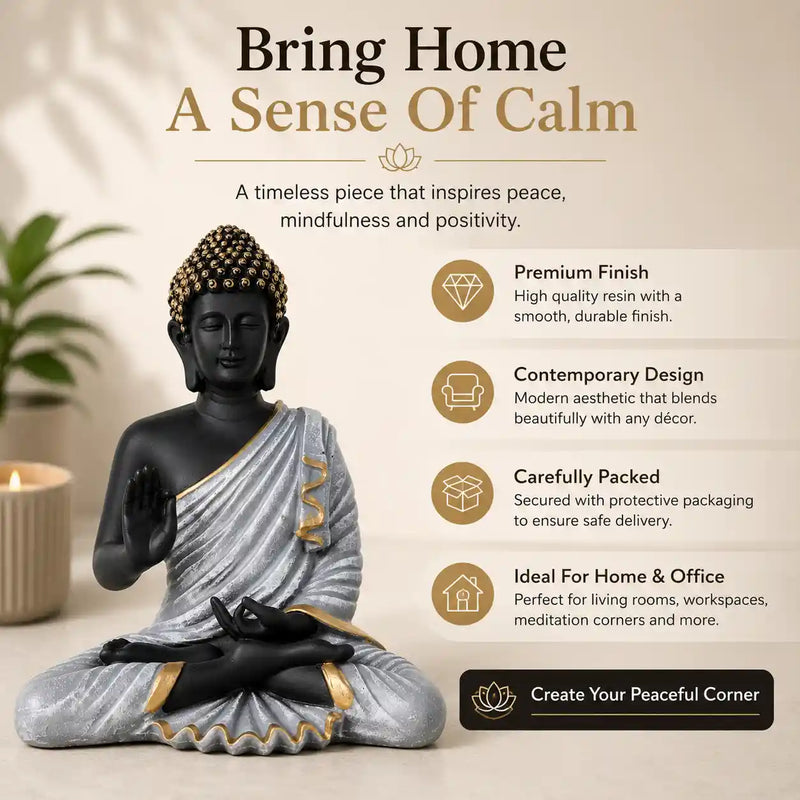 Meditating Buddha Statue in Premium Black & Silver with Gold Accents