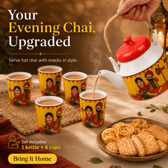 Traditional Punjabi Ceramic Tea Set – “Jitthe Tea Utthe Me” Kettle with 6 Tea Glasses