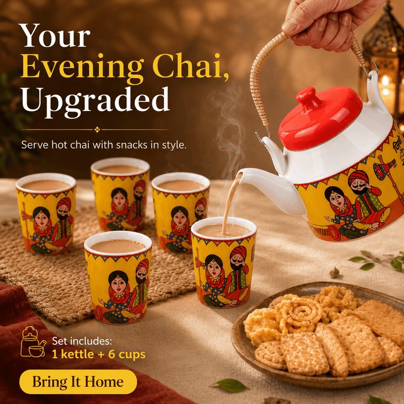 Traditional Punjabi Ceramic Tea Set – “Jitthe Tea Utthe Me” Kettle with 6 Tea Glasses