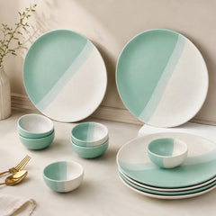 TT Green Matte Ceramic Dinner 6 Full Dinner Plates, 6 Vegetable Bowls Set of 12pcs