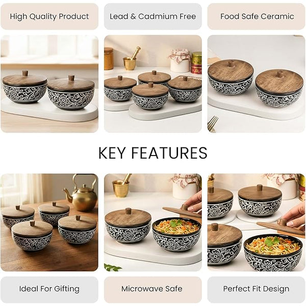 Black Artvine Ceramic Bowl Set with Stand (4 Pcs)