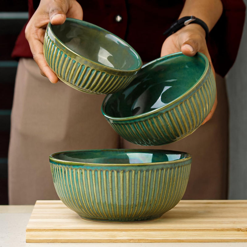 Glam Green Ceramic Bowl Set of 3 Combo Serving Bowl for Snacks, and More