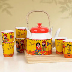 Traditional Punjabi Ceramic Tea Set – “Jitthe Tea Utthe Me” Kettle with 6 Tea Glasses