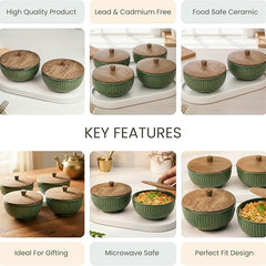Glam Green Ceramic Bowl Set with Wooden Lids (4 Pcs)