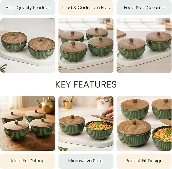 Glam Green Ceramic Bowl Set with Wooden Lids (4 Pcs)